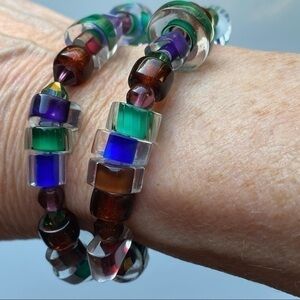 Artisan Blue Sapphire Green Emerald Crystal Glass Beaded Layered Bracelet NEW